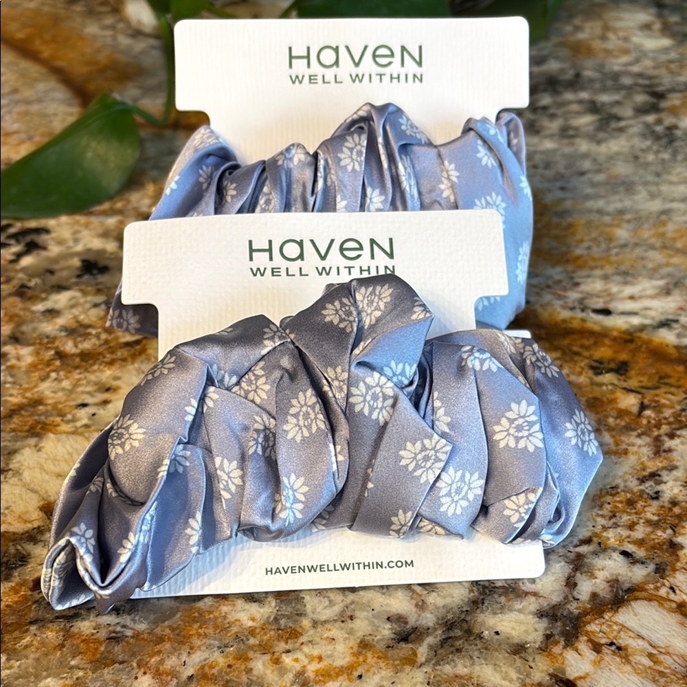 Haven Blue Floral Silk Scrunchies-Set  of 2